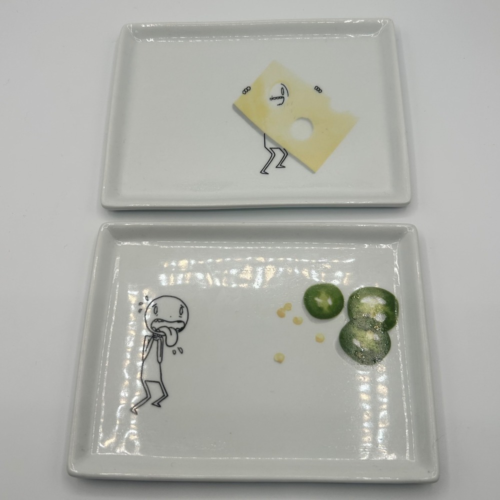CB2 2011 Stick Figure Ceramic‎ Appetizer Plates Set of 2 Cheese Jalapeño White